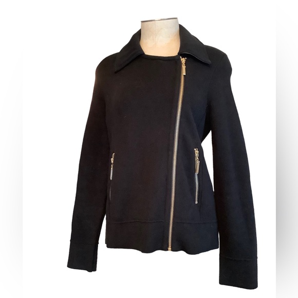 CHICOS SIZE 0 MOTO BLACK KNIT‎ JACKET WITH GOLD ZIPPERS. - Picture 3 of 16